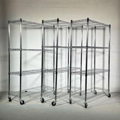 (3PC) CHROME METAL SHELVING UNITS | Chrome shelving units on wheels, each with 4 grated shelves. - l. 36 x w. 14 x h. 58 in