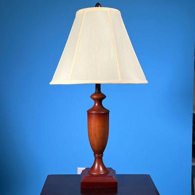 WOOD TABLE LAMP | Spindle carved wooden table lamp with tapered shade. - h. 26 x dia. 13.5 in
