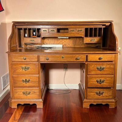 OAK ROLL TOP DESK | Pennsylvania House Oak Roll Top Desk with 3 drawers over 1 double drawer and a single drawer on each side, fitted...