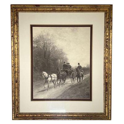 CARRIAGE PRINT | Showing a horse-drawn carriage and man on horseback traveling down country road, 16 x 20 in. (Sight). - w. 26 x h. 30 in...