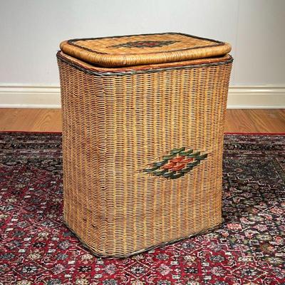 WICKER HAMPER | Lidded wicker laundry basket with painted decoration. - l. 18.5 x w. 14 x h. 24 in