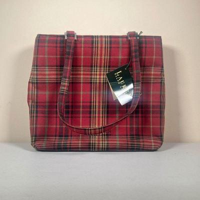 RALPH LAUREN PLAID HANDBAG | New with tag, red plaid Ralph Lauren purse. - l. 11 x w. 3 x h. 18.5 in