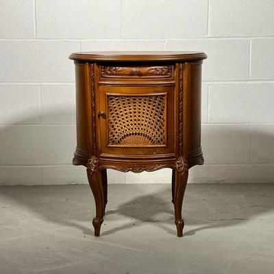 FRENCH STYLE OVAL STAND | Oval side table/end table with drawer and caned cupboard door Made in Egypt. - l. 19.5 x w. 14.5 x h. 26 in