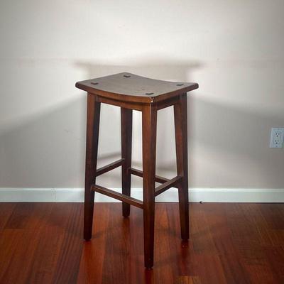 WOODEN BARSTOOL | Dark wood rectangular barstool with flat top. - l. 16 x w. 13 x h. 30 in
