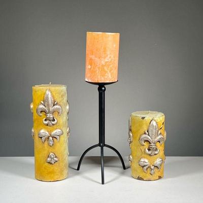 (3PC) BIG FANCY CANDLES | Including 2 designs by MAC with paint and fleur de lis and a tall pier one. - h. 12 in (tallest candle) 
