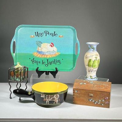 (5PC) DECORATIVE KITCHEN ITEMS | Including a Karen Miller Lake arrowhead, California painted casket box, a painted vase, decorated with...
