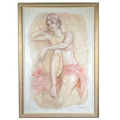 HARTMAN (1968) SIGNED EROTICA PAINTING | Features topless woman holding a rose on painted canvas and gilt frame. - w. 27.5 x h. 39.75 in 