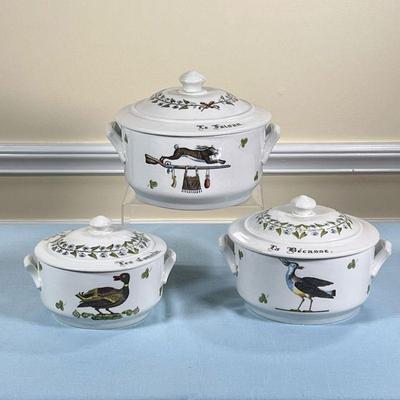 (3PC) Dâ€™AUTEUIL LIDDED DISHES | Lidded serving dishes of tapering size, smallest w. 7.5 in. - w. 10.25 x h. 4.5 in (largest) 