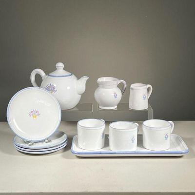 (11PC) FRENCH TEA SET | French faience pottery tea set, comprising three cups, four plates, a tray, teapot, and two open creamers. - l....