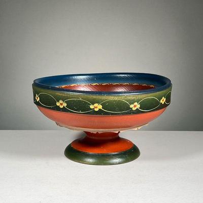 PAINTED WOODEN FRUIT BOWL | Pedestaled fruit bowl featuring floral painted designs and blue border. - h. 6 x dia. 10.25 in 