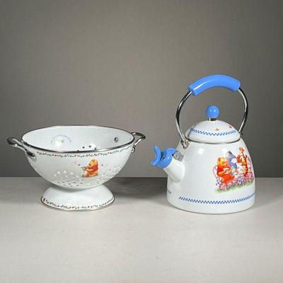 (2PC) SIMPLY POOH TEA KETTLE & COLANDER | Decorated with Winny the Pooh characters and similar designs. - h. 5 x dia. 9 in (colander) 
