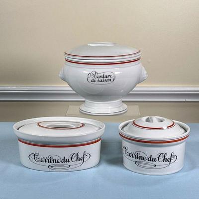 (3PC) Dâ€™AUTEUIL LIDDED BOWLS | French porcelain serving dishes including a pedestal soup terrine (with possible mismatched lid) (h. 6 x...