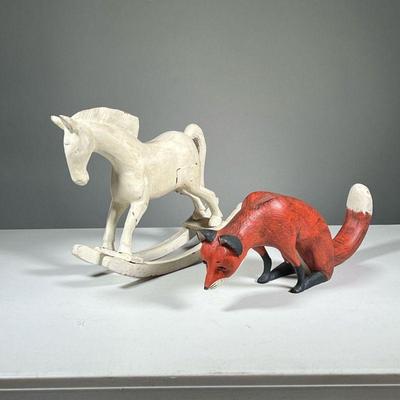 (2PC) CARVED ANIMAL DECOR | Including a red fox (heavy) and a antique style rocking horse. - l. 15 in (fox) 