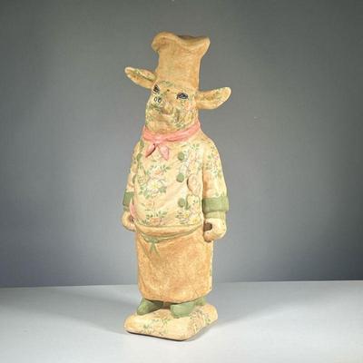 CHEF PIG STATUE | Features pig stature dressed as a chef and hand painted with flowers all over body and face. Signed 