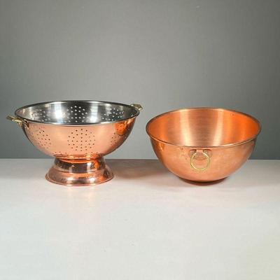 (2PC) FRENCH COPPER MIXING BOWL & COLANDER | Includes: copper mixing bowl stamped â€œMade in Franceâ€ and copper plated colander.- h....