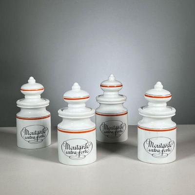 (4PC) Dâ€™AUTEUIL LIDDED JARS | All of the same size, and with label, â€œMoutarde extra forteâ€. - h. 6.75 x dia. 3.25 in 