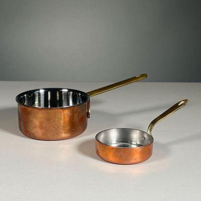 (2PC) MINIATURE COPPER PANS | Miniature cookware, including a Faymont small skillet / frying pan and a sauce pan, apparently unmarked...