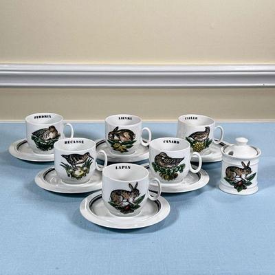 (13PC) Dâ€™AUTEUIL DEMITASSE CUPS | Including six demitasse cups, six saucers (dia. 5.25 in.), and a liquid sugar pot. - h. 3/25 x dia....