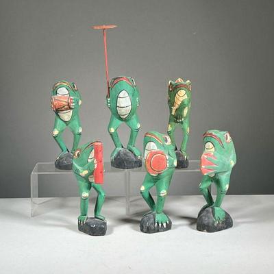 (6PC) CARVED POLYCHROME FROGS | Painted whimsically with instruments. - h. 8 in (each) 