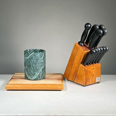 (3PC) KITCHEN KNIVES & OTHER | Includes: Revere ware stainless steel cutler with knife block, Hardwood Creations mixed wood chopping...