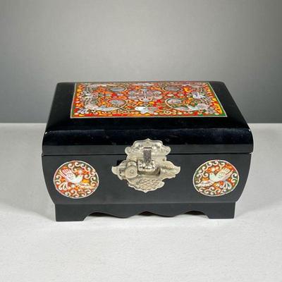 BLACK AND RED JEWELRY BOX | Featuring: colorful animal and floral decoration on top and front of box, fish lock, and inlaid mirror...