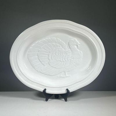 ANTICA FORNACE TURKEY PLATTER | Italian white glazed ceramic Thanksgiving serving platter with a turkey in relief. - l. 21.5 x w. 17 in 