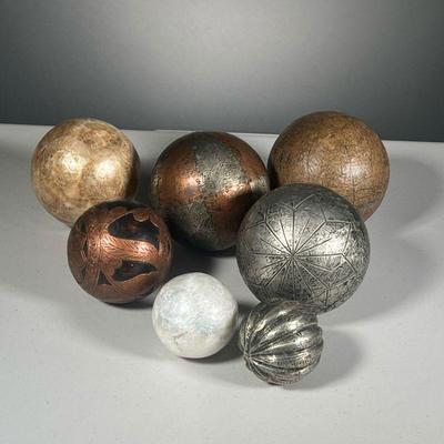 (8PC) RATTAN BASKET W/DECORATIVE ORBS | Distressed Rattan Basket with seven decorative orbs/spheres. (4) are Metal covered. (3) are...