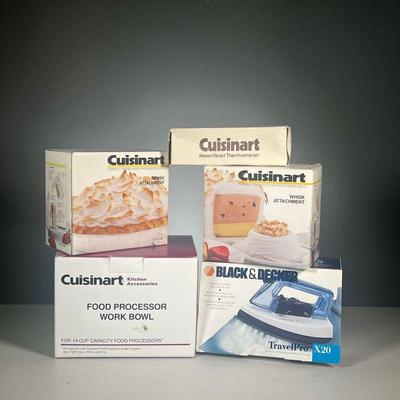 (5PC) CUISINART ACCESSORIES | Kitchen accessories, all in original boxes, including: Cuisinart food processor work bowl (for 14-cup...