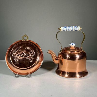 (2PC) REPRODUCTION COPPER TEAPOT & DECORATIVE BOWL | Features: copper tea kettle with ceramic white and blue handles, and decorative...
