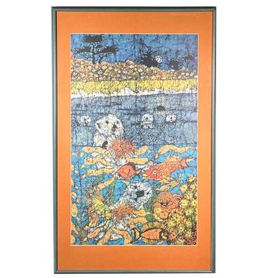 MARY ELBER “OTTER-MOON” BATIK POSTER | Mid-Century modern batik poster by Mary & Jonathan Elber titled “Otter Moon” in blue frame. 17 x...
