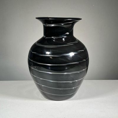 BLACK GLASS VASE | Large black glass vase with swirl of clear glass rising to the top. - h. 13.5 x dia. 10 in 
