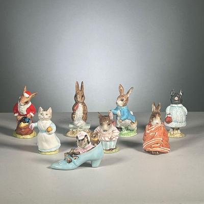 (8PC) BEATRIX POTTER FIGURES | Peter Rabbit and other porcelain figures, F. Warne & Co., Beswick England, including four rabbits, a...