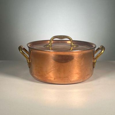 COPPER LIDDED POT | Probably French but with no apparent markings, copper cooking pot with brass handles. - h. 4 x dia. 8.25 in (pot only) 