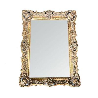 BEVELED GLASS MIRROR | Features: Intricately carved wreath and floral gilt border. - w. 32.5 x h. 44.5 in 