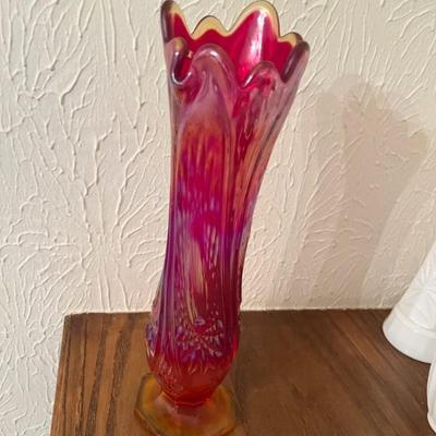 Iridescent Red Glass Swung Vase