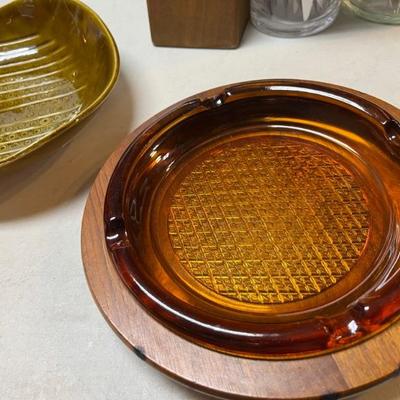 MCM Amber Glass Ashtray with Wooden Base