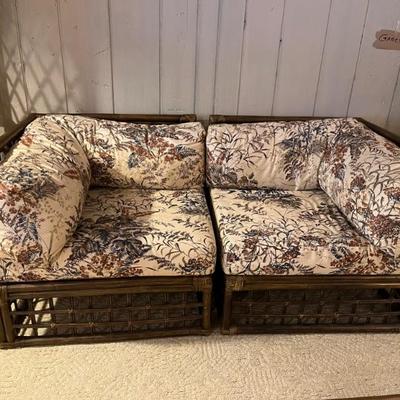 1970s rattan sectional, 6 pieces, 2 etageres, coffee table and end table