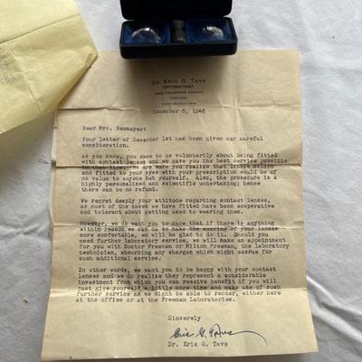 Vintage contact lenses from 1948--they covered the whole eyeball (yuck!) with original receipt and letters complaining about how painful...