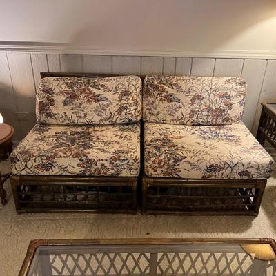 1970s rattan sectional, 6 pieces, 2 etageres, coffee table and end table