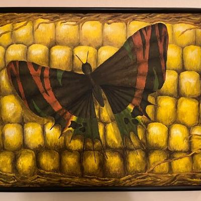 A fun summery painting of a butterfly on corn, oil on canvas