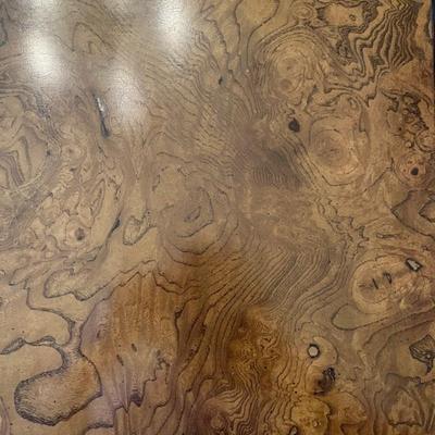 1980s Parsons table with a burled wood finish and extra leaves