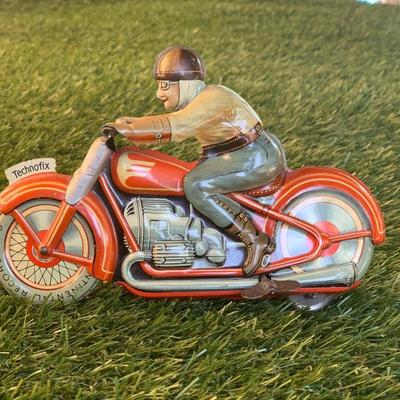 Vintage Technofix Motorcycle Metal Wind-Up Tin Toy 