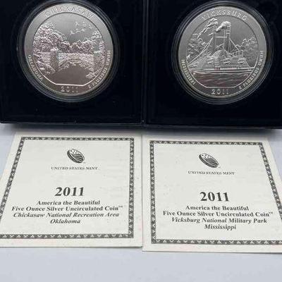 MMM290-2ea 2011 America The Beautiful 5 Oz Silver Coins OK & MS