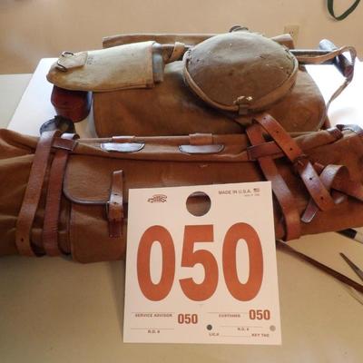 WWI rucksack and accessories. Dated.