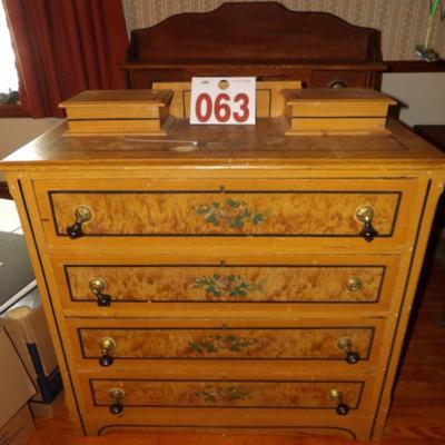 Pine cottage four drawer chest with original paint and decoration.