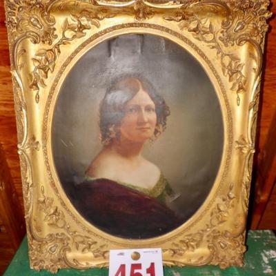 Choice antebellum young woman's portrait in ornate gilt and gesso rococo frame.