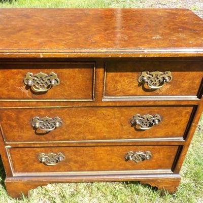 Diminutive gent's two over two burl walnut chest.