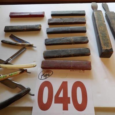 Collection of 1880s straight razors with cases.