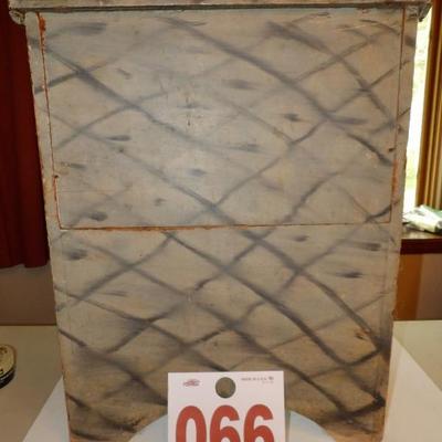 Choice 1820s commode with original blue gray paint and criss cross decoration.