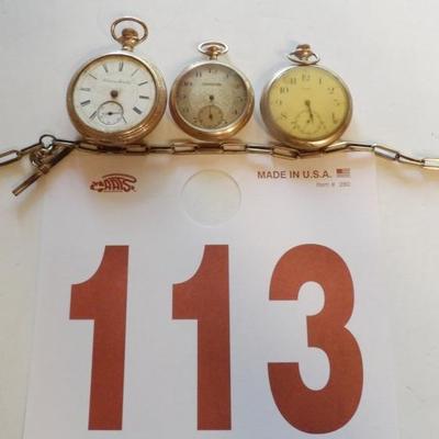 Antique pocket watches and gold fill watch chain with Masonic fob.